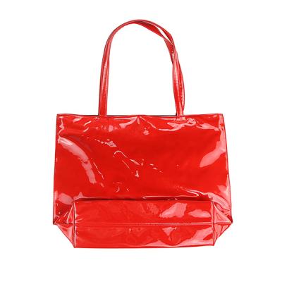 China Smooth Shiny Leather Handled Tote Handbag Women Custom Print Logo Red Shopping Bag from China for sale