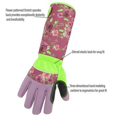 China Long Cuffs Anti-Slip Bush Gloves for Gardening Work with Leather Palm and Floral Design Printed Forearm Protection for sale