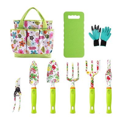 China Aluminum Alloy Customize 9 Pieces Printed Garden Tool Kit With Kneeling Pad And Floral Pattern Carry Bag for sale