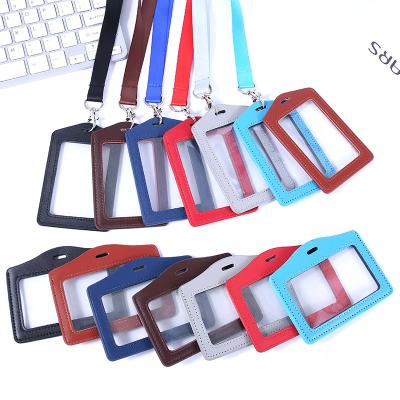 China Fashion PU Leather Card Holder with Rope Clear Lanyard Work Cards Sleeve ID Badge Case Bank Card Holder Cover Office Supplies for sale