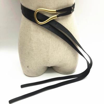 China Casual Women's Double-Layer Faux Leather Thin Waist Belt Gold U-Shape Metal Buckle Fashion Belt Large for sale