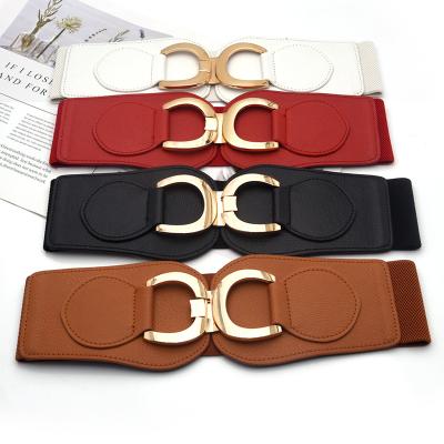 China Generalduty Fashion Seasons Wide 8cm Wide 8cm Women Gold Hook Round Buckle PU Leather Elastic Corset Belt for sale