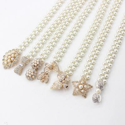 China Stylish Elegant Women Bead Chain Belt Elastic Pearl Buckle Waist Belt Feminine Girls Dress Crystal Strap for sale