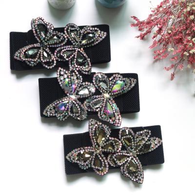 China Fashion.Casual Designer Bling Colorful Butterfly Rhinestone Belt Women Luxury Rhinestone Crystal Elastic Belt for sale