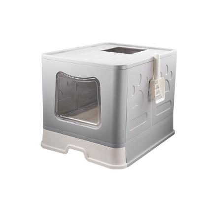 China Pet Care Cleaning Folding Large Cat Toilet With Lid Entry Splash Proof Cat Top Litter Box With Plastic Pet Scoop For Large Cat for sale