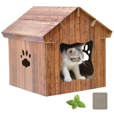 China Viable Cardboard Cat House With Catnip Scratch Kitten Toy Corrugated Box Paper Cat Toy Cardboard Cat House for sale