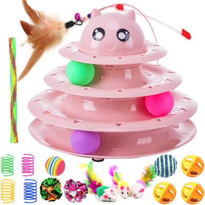 China Viable Three Tier Turntable With Ball Pet Cat Toys Interactive Cat Track Toys Teasing Cat Stick Game Turntable for sale