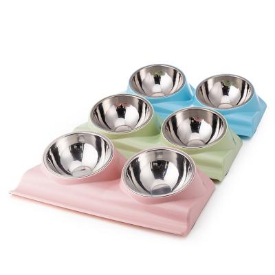 China Durable Stainless Steel Double Pet Bowl 15 Sloped Tilt To Protect Cervical Vertebrae Dog Bowl Anti Spill Pet Driver for sale