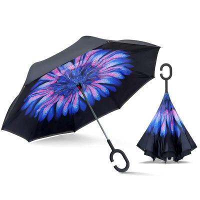 China 2021 Fashion Modern OEM Design Printing Inverted Manual Open Straight Custom Car Reversible Umbrella With C Handle for sale