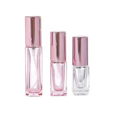 China Fancy 3ml 5ml 10ml 20ml 30ml Eco-friendly Recyclable Pink Glass Vials Perfume Sample Bottles With Rose Gold Sprayer Caps for sale