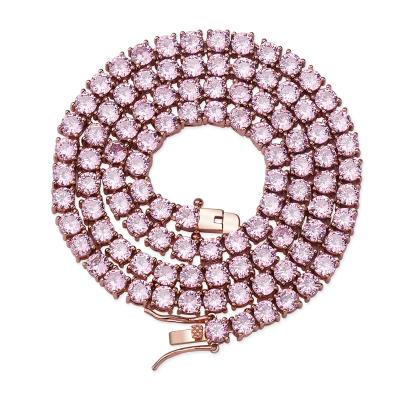 China Hiphop Dropshipping Gold Plated Pink Zircon 4mm Diamond Tennis Chain Necklace for sale