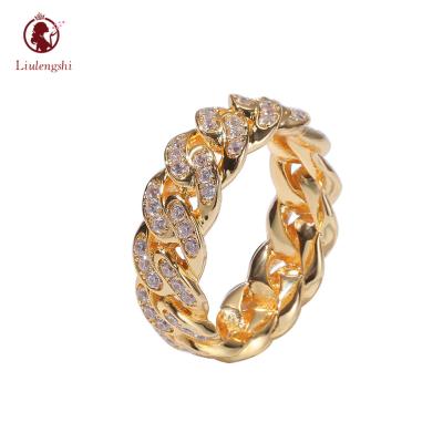 China Hiphop Hip Hop Jewelry Solid Gold Plated Cuban Link Ring Full Bling CZ Micro Pave Cuban Chain Link Rings for sale