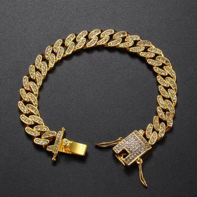 China Hip Hop Hip Hop 7inches 8inch 10mm Gold Colors Plated Cuban Bracelet Bling Crystal Cuban Chain Bracelet for sale