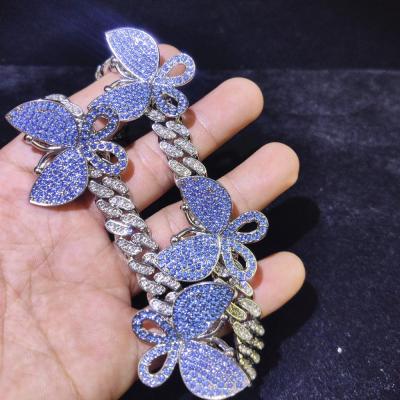 China Hiphop 11mm Bling Butterfly Blue Crystal Butterfly Cuban Choker Necklace for sale