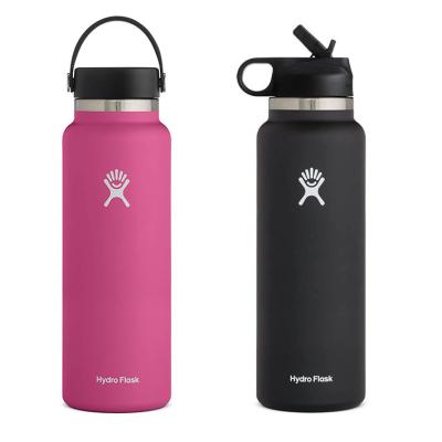 China Hot Sale 32oz 40oz Double Wall Stainless Steel Vacuum Stocked Wide Mouth Water Bottle HydroFlask with Flex Cap and Straw Lid for sale