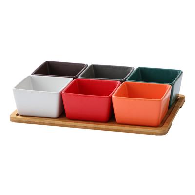 China Wholesale Viable Good Quality Classic Square Dessert Set Hotel Snack Bowl Design Dinnerware Design Ceramic Bowl With Wood Tray for sale