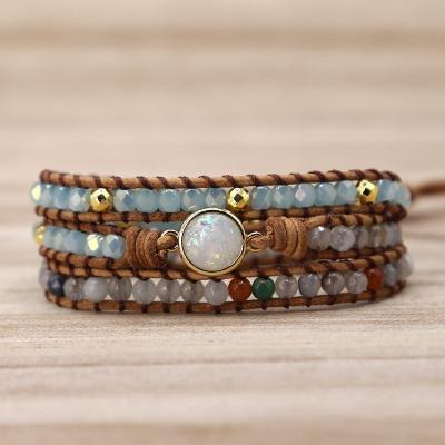 China New Arrived BOHEMIA Women's Design Nature Stone Leather Bracelet Beads Bohemia White Opal Stone Vintage Fashion Jewelry Bangle for sale