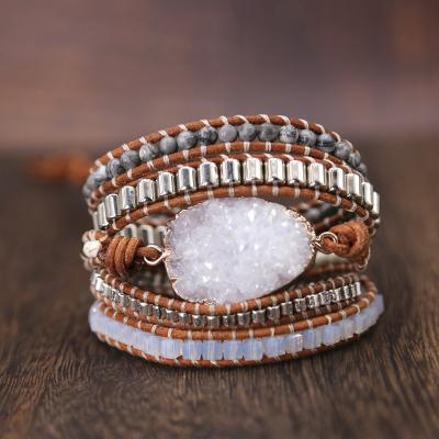 China BOHEMIA New Arrive Trendy White Crystal Quartz Stones Quartz Stones Fashion OEM Manufacturer Jewelry Charm Bracelet Bangle for sale