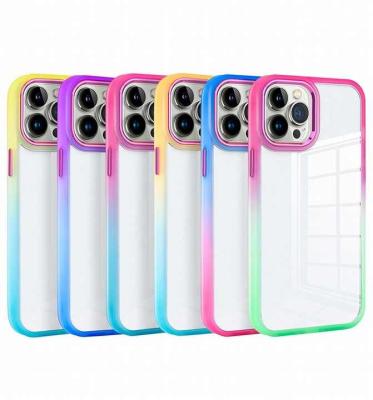 China New arrival shockproof luxury multiple color gradient plated border frame acrylic transparent cell phone case for 14 13 pro max for sale