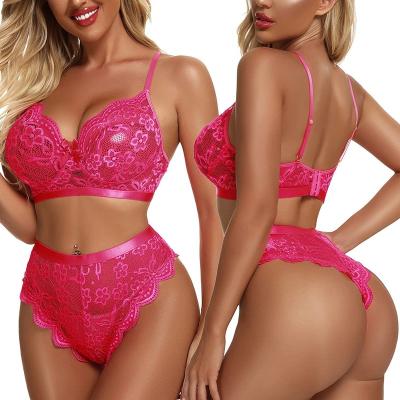 China Lace up valentines day lingerie hot sale lace bralette set hollow sexy hot transparent women red lace lingerie two piece set for sale