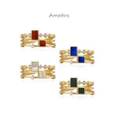 China Fashion Jewelry Vintage Romantic 925 Silver Gold Plated Ring For Woman Malachite Sapphire Fritillaria Agate Ladies Wedding Ring for sale