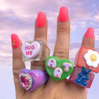 China Lovely Cute Resin Diamond Glitter Acrylic Rings Cute Bear Rings Resin Plastic Ring Of Y2K Jewelry Women's Accessories For Women Girls for sale