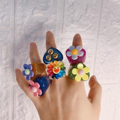 China Lovely Cute Resin Flower Pattern Acrylic Rings Y2K Jewelry Women's Accessories Cute Plastic Resin Rings For Women Girls for sale