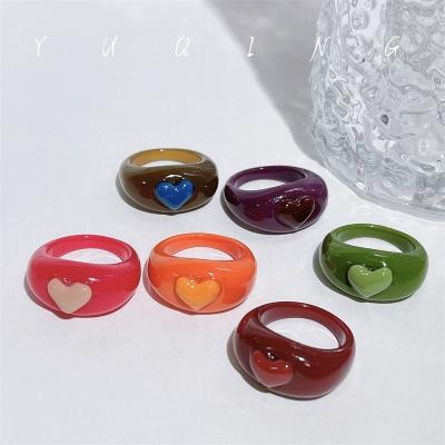 China 6pieces Candy Color Cute Love Heart Pattern Acrylic Rings Cute Plastic Girl Gift Y2K Women's Accessories Rings Geometric Resin Ring for sale