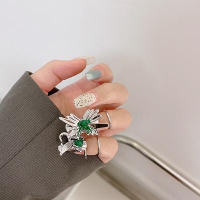 China FASHIONABLE Hot Selling Ring Design Green Flower Nail Ring Korean Geometric Style Stainless Steel Finger Nail Ring High Quality Flower Leaf for sale