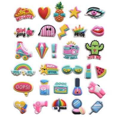 China Summer Beach Cartoon Clog Charms Custom Logo Wholesale Bulk Pink PVC Shoes Charms For Wristband And Clog Shoes Accessories for sale