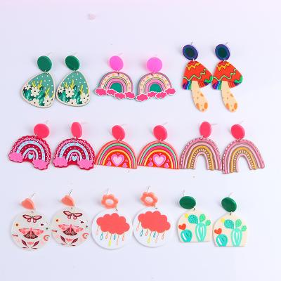 China Colorful acrylic printed bulky earrings jewelry rainbow earrings polymer texture polymer clay colorful resin clay ear studs for sale