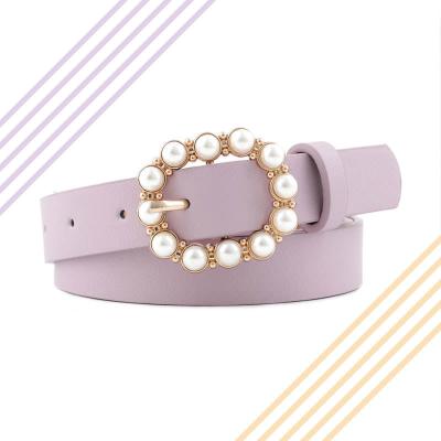 China Hot Selling High Quality Fashion Ladies Pearl Decorative Belt Round Pin Buckle Pearl Belts Women Casual Solid PU Leather Thin Belt for sale