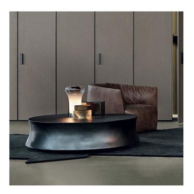 China (Other) High Quality Customizable Minimalist Luxury Black Adjustable Frame Fiberglass Round Wood Veneer Small Coffee Table for sale