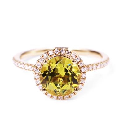 China Instock Tianyu Gems Round Cut 8.0mm Yellow Nanosital Solid 14k Gold With Circle Moissanite Halo Ring For Girls for sale