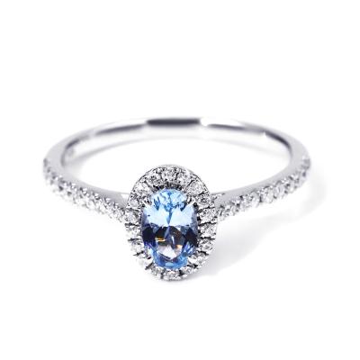 China Instock Tianyu Gems 14k Solid White Gold Setting 4*6mm Oval Blue Spinel With Moissanite Halo Jewelry Ring Instock for sale