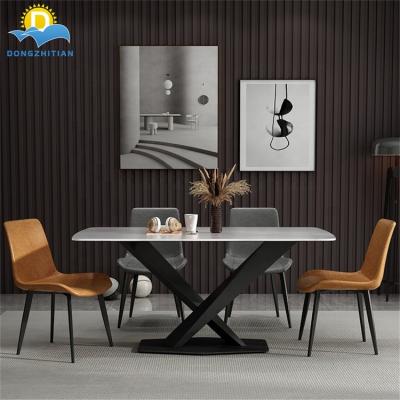 China (Other) Customized Modern Home Furniture Stainless Steel Adjustable Dining Table Stone Panel Dining Table Set 6 Seater for sale