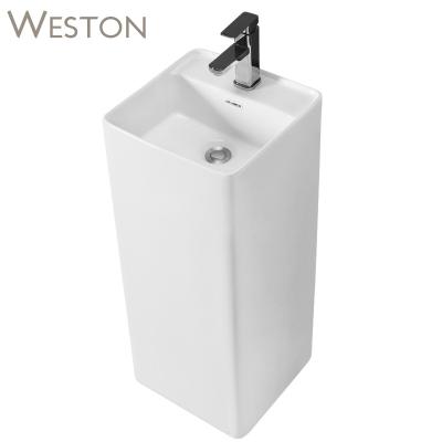 China One Piece Floor Standing Free Standing European Popular Square Hand Wash Floor Stand Basin With One Piece Pedestal For Bathroom for sale