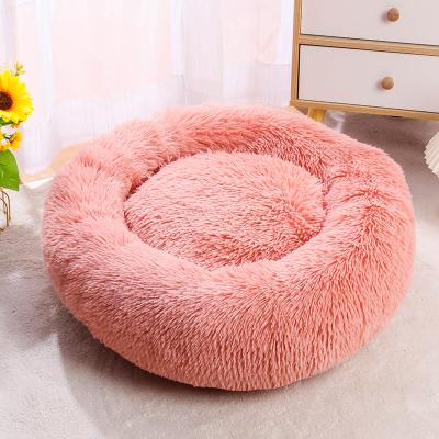 China Cat Nest Fluffy Donut Round Plush Pillow Cushion Dog Beds Facx Long Viable Warm Fur Pet Soothing Bed for sale