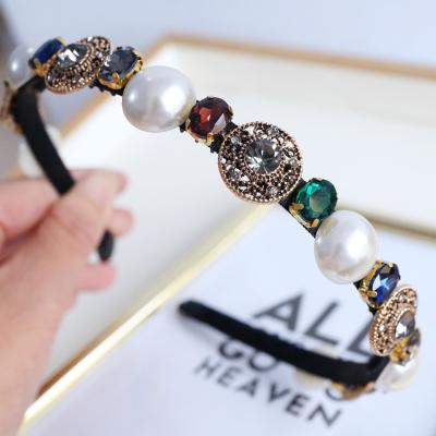 China European and American style new 2021 autumn and winter retro pearl goddess thin hair band baroque handmade faux gemstone for sale