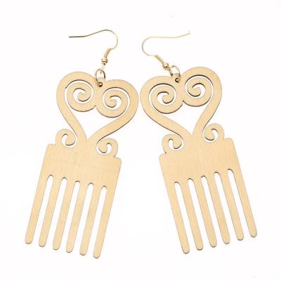 China Other New Fashion Africa Wood Retro Long Wooden Handmade Comb Hollow Love Earrings for sale