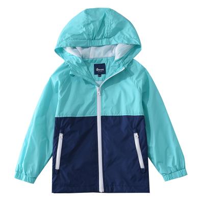 China Summer Breathable Light Weight Color-block Water-resistant Raincoat Kids Hooded Jacket Boys Girls Jackets for sale