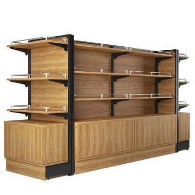 China Hot Sale Double Sided Wooden Steel Retail Store Used System Style Supermarket Second Hand Equipment MDF Shelf Display Racks for sale