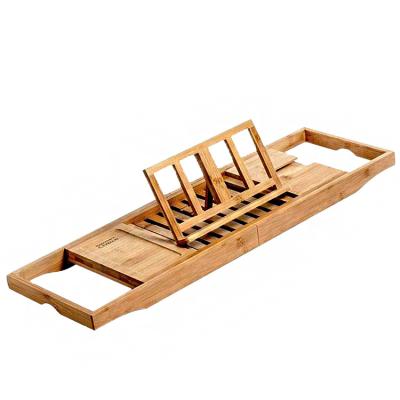 China Sustainable Adjustable Luxury Bamboo Bathroom Bath Caddy Tray Bathtub Caddy With Extend Wooden Side for sale