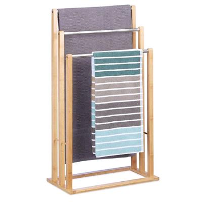 China Sustainable Wholesale 3 Bar Premium Free Standing Bamboo Folding Towel Rack For Bath And Hand Towels for sale