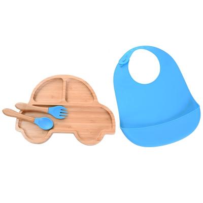 China 2021 Baby Casual Bamboo Weaning Dish Set Wooden Suction Dish With Bib Non Slip Eco-Friendly Dishes For Babies And Toddlers for sale