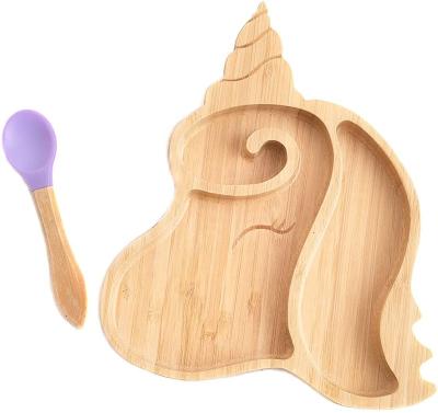 China Unicorn Baby Plate Casual Bamboo Baby Weaning Set of Suction Dish and Spoon Diner Set Eco Friendly Suction Dishes for Weaning Babies for sale