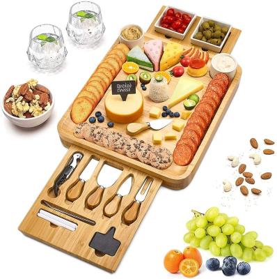 China Sustainable Bamboo Cheese Board and Knife Set, Wooden Bamboo Charcuterie Tray with Slide-out Cutlery Drawer, Serving Tray for Cheese for sale