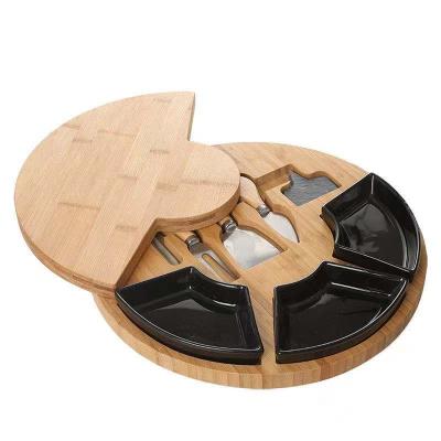 China Eco-Friendly Bamboo Cheese Board Set Cheese Board And Knife Set Round Cheese Tray With 3 Ceramic Bowls for sale