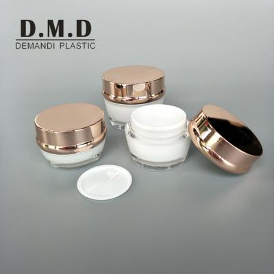 China Luxury Acrylic Container 15g 30grams 30ml Cosmetic Empty Round Bottle Cream Container 1 Ounce 50 Grams 50ml White Cosmetic Jar With Rose Gold Lid for sale