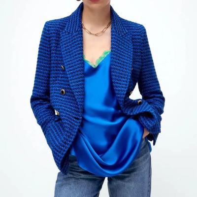 China Suits 80% Polyester Formal Slim Solid Anti-wrinkle Long Lady Women's Blue Double Breasted 20% Polyester Cotton Blazer for sale